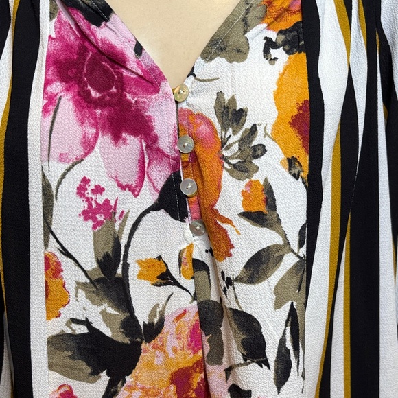 Fig and Flower Anthropologie Boho Mix Print Floral Striped Peasant Blouse Size L - Picture 4 of 10